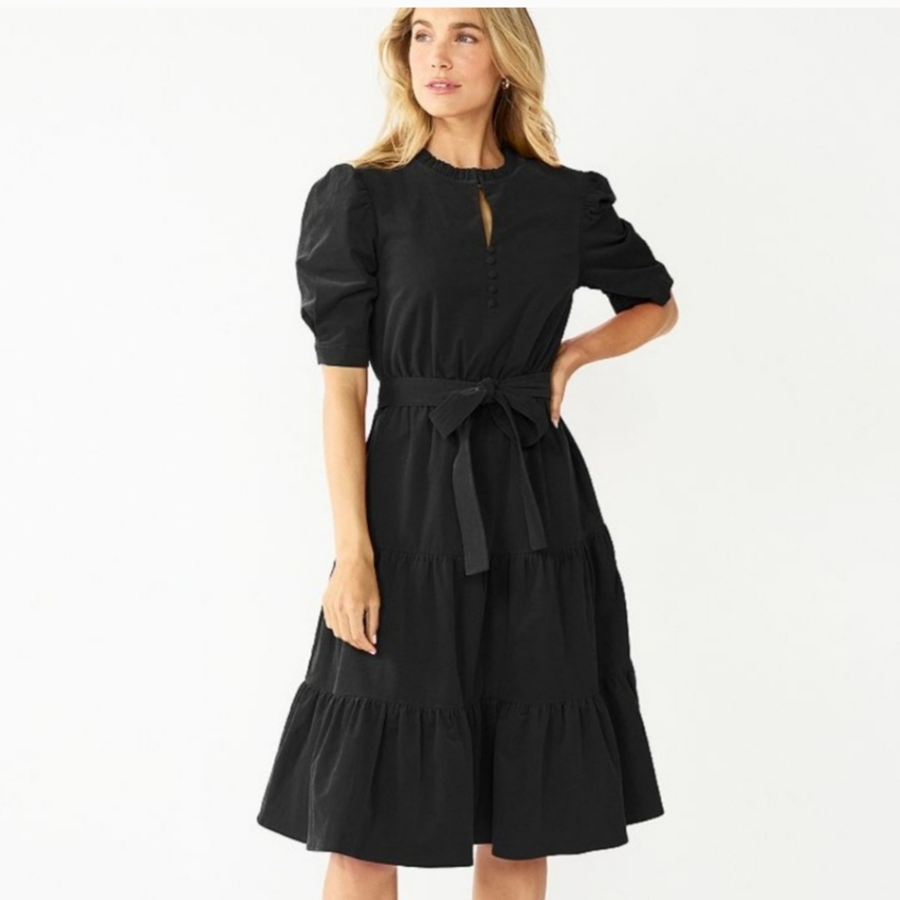 Draper James Black Tiered Midi Dress with Puff Sleeves